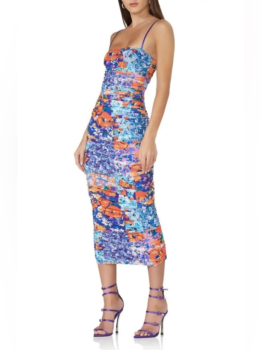 AFRM Floral Ruched Midi Dress in Blue & Orange